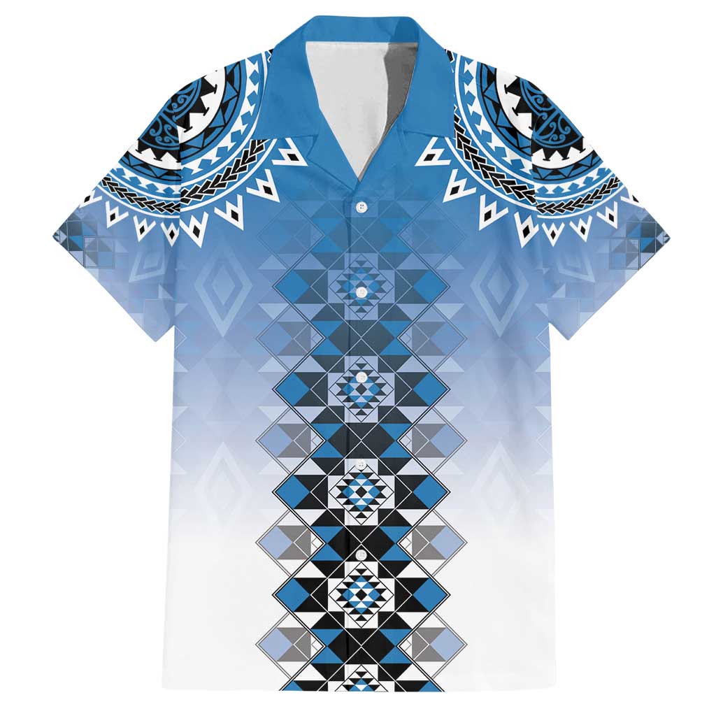 New Zealand Family Matching Off Shoulder Short Dress and Hawaiian Shirt Poutama Mix Blue Taniko Inspired Art LT05