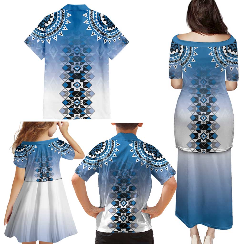 New Zealand Family Matching Puletasi and Hawaiian Shirt Poutama Mix Blue Taniko Inspired Art LT05 - Polynesian Pride