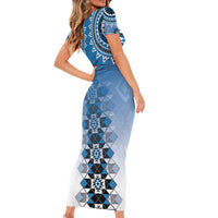 New Zealand Family Matching Short Sleeve Bodycon Dress and Hawaiian Shirt Poutama Mix Blue Taniko Inspired Art LT05 - Polynesian Pride