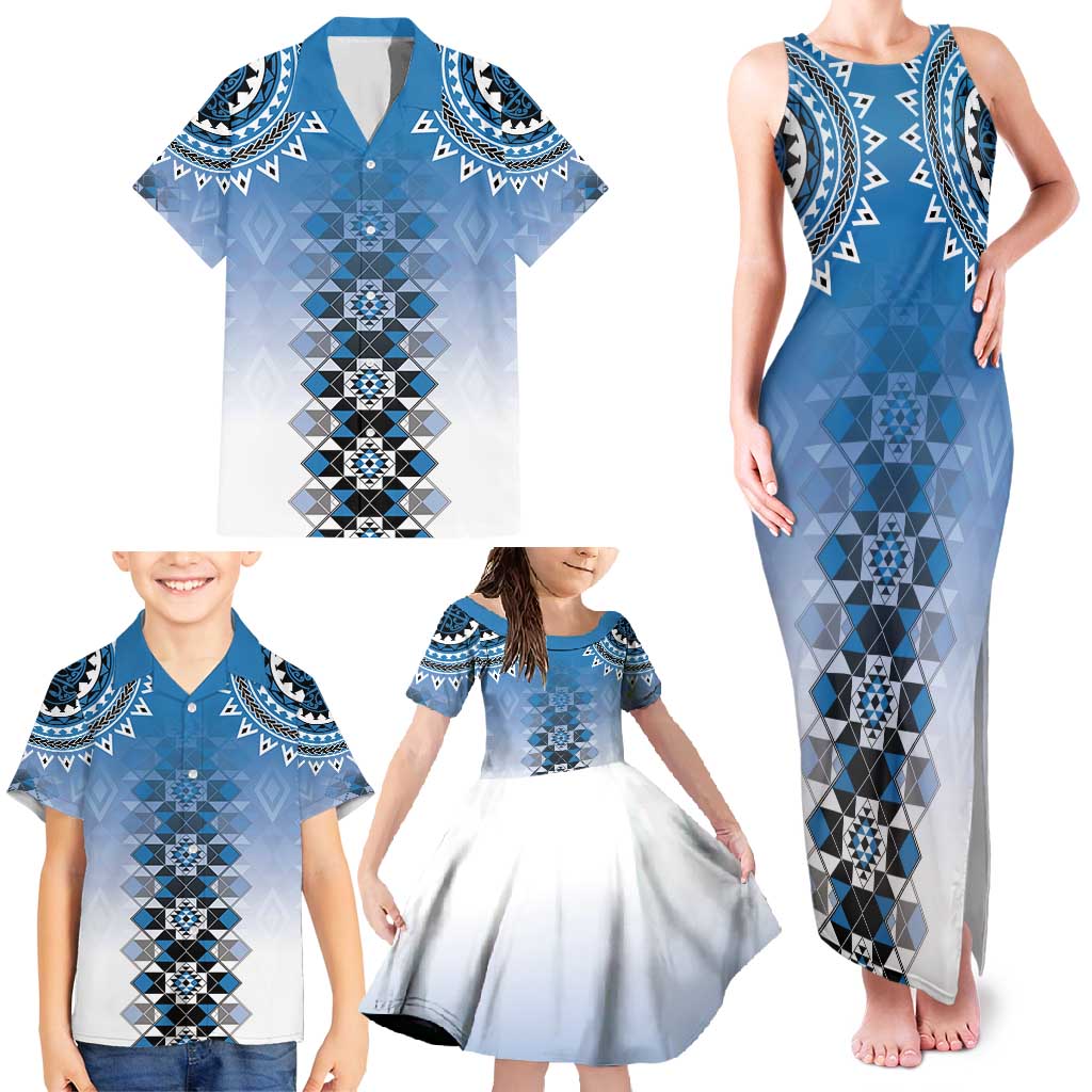 New Zealand Family Matching Tank Maxi Dress and Hawaiian Shirt Poutama Mix Blue Taniko Inspired Art LT05