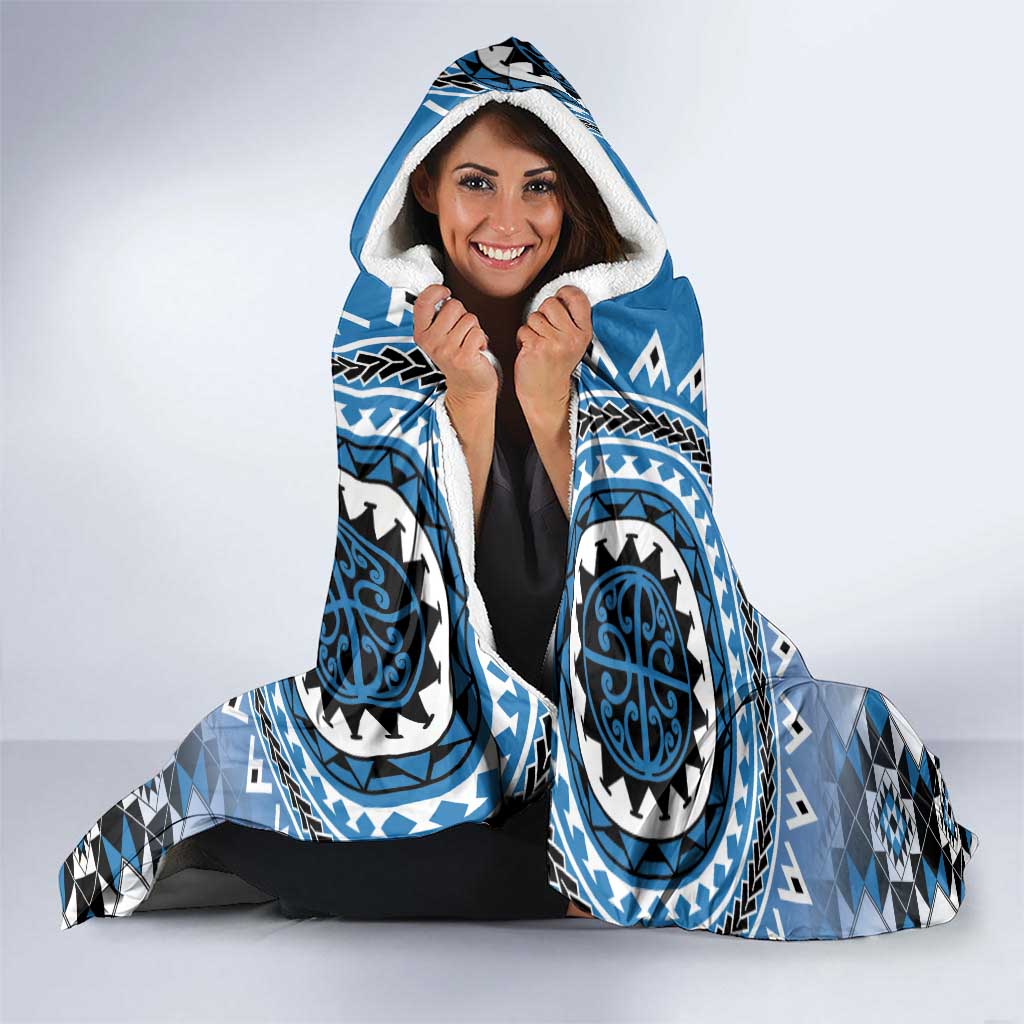 New Zealand Hooded Blanket Poutama Mix Blue Taniko Inspired Art LT05