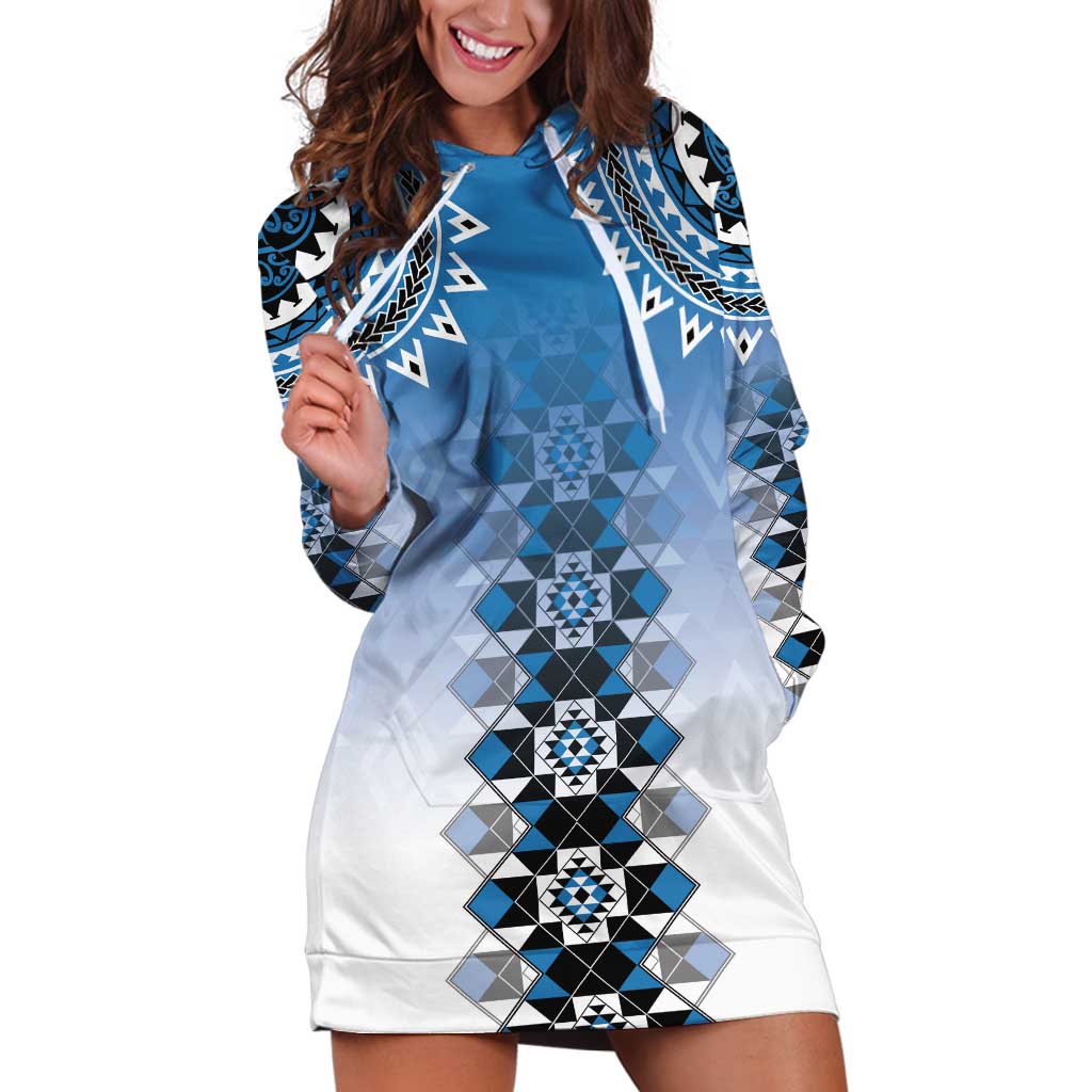 New Zealand Hoodie Dress Poutama Mix Blue Taniko Inspired Art LT05