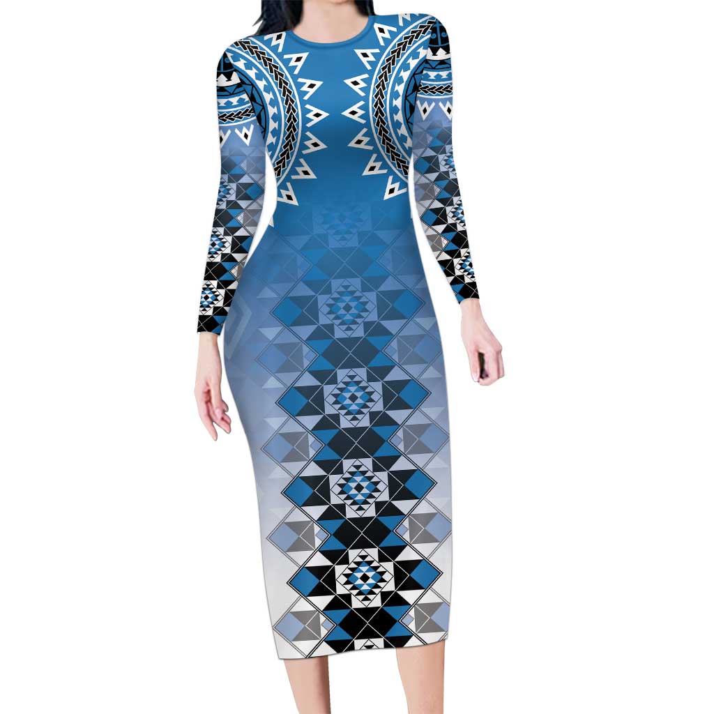 New Zealand Long Sleeve Bodycon Dress Poutama Mix Blue Taniko Inspired Art LT05