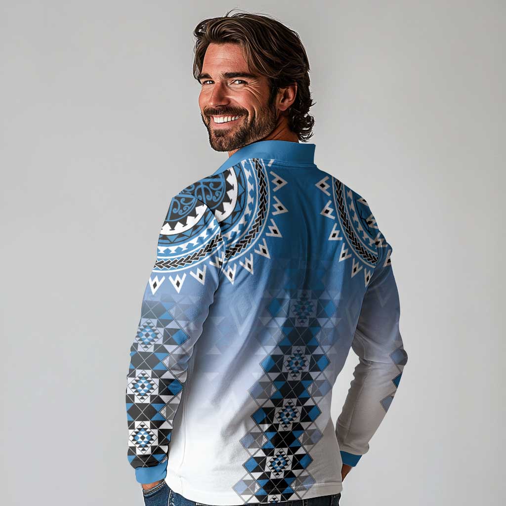 New Zealand Long Sleeve Polo Shirt Poutama Mix Blue Taniko Inspired Art LT05