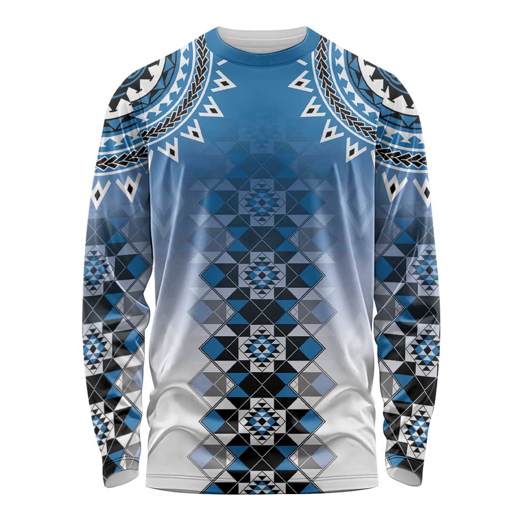 New Zealand Long Sleeve Shirt Poutama Mix Blue Taniko Inspired Art LT05