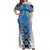 New Zealand Off Shoulder Maxi Dress Poutama Mix Blue Taniko Inspired Art LT05