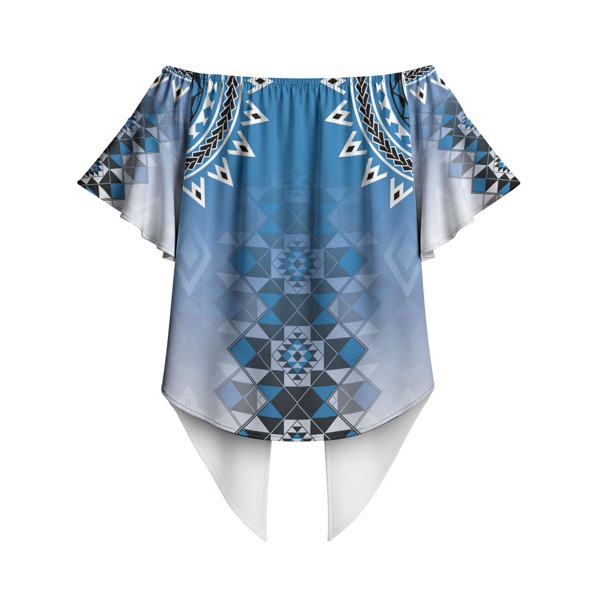New Zealand Off Shoulder Wrap Waist Top Poutama Mix Blue Taniko Inspired Art LT05 - Polynesian Pride