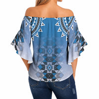 New Zealand Off Shoulder Wrap Waist Top Poutama Mix Blue Taniko Inspired Art LT05 - Polynesian Pride