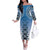 New Zealand Off The Shoulder Long Sleeve Dress Poutama Mix Blue Taniko Inspired Art LT05