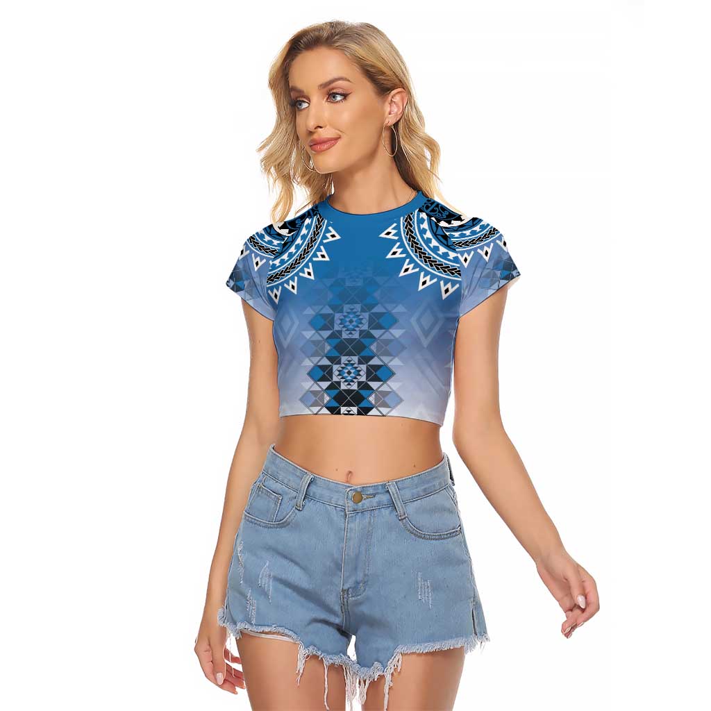 New Zealand Raglan Cropped T Shirt Poutama Mix Blue Taniko Inspired Art LT05