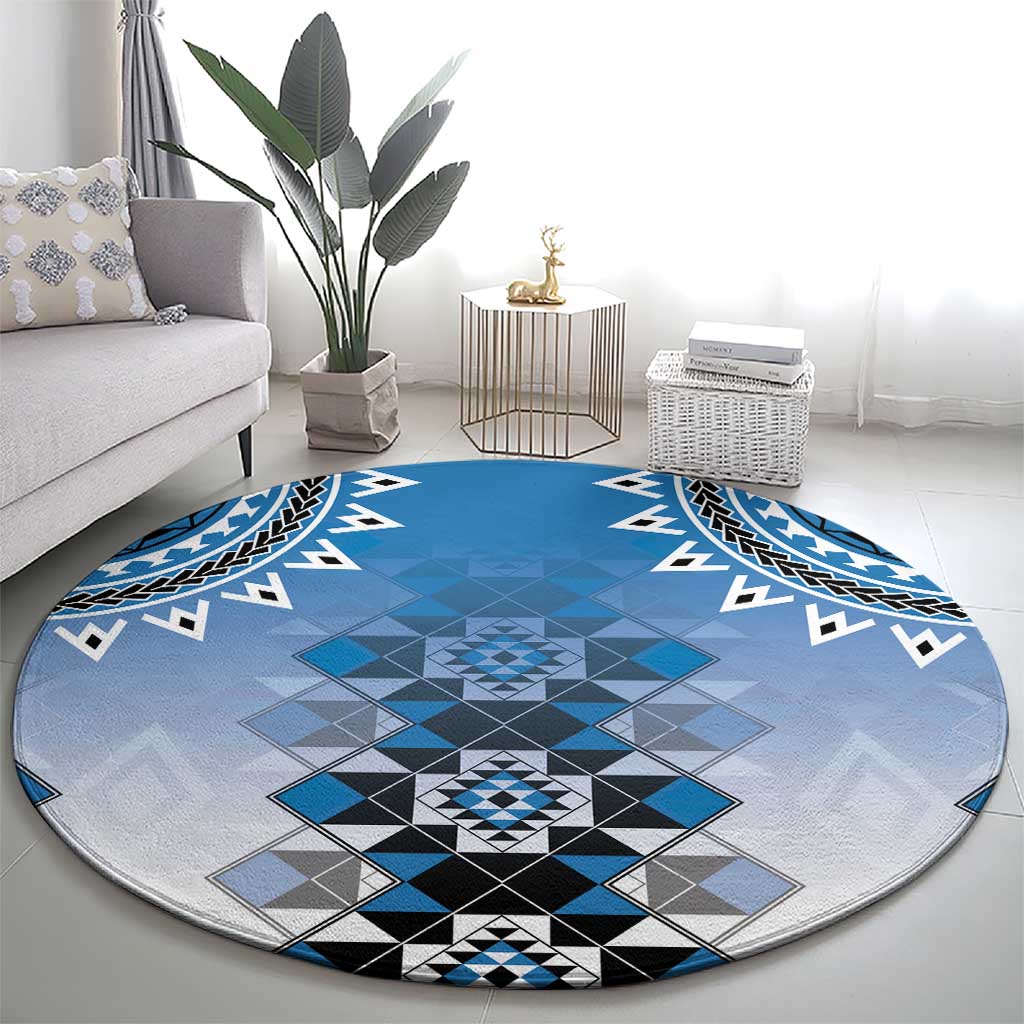 New Zealand Round Carpet Poutama Mix Blue Taniko Inspired Art LT05