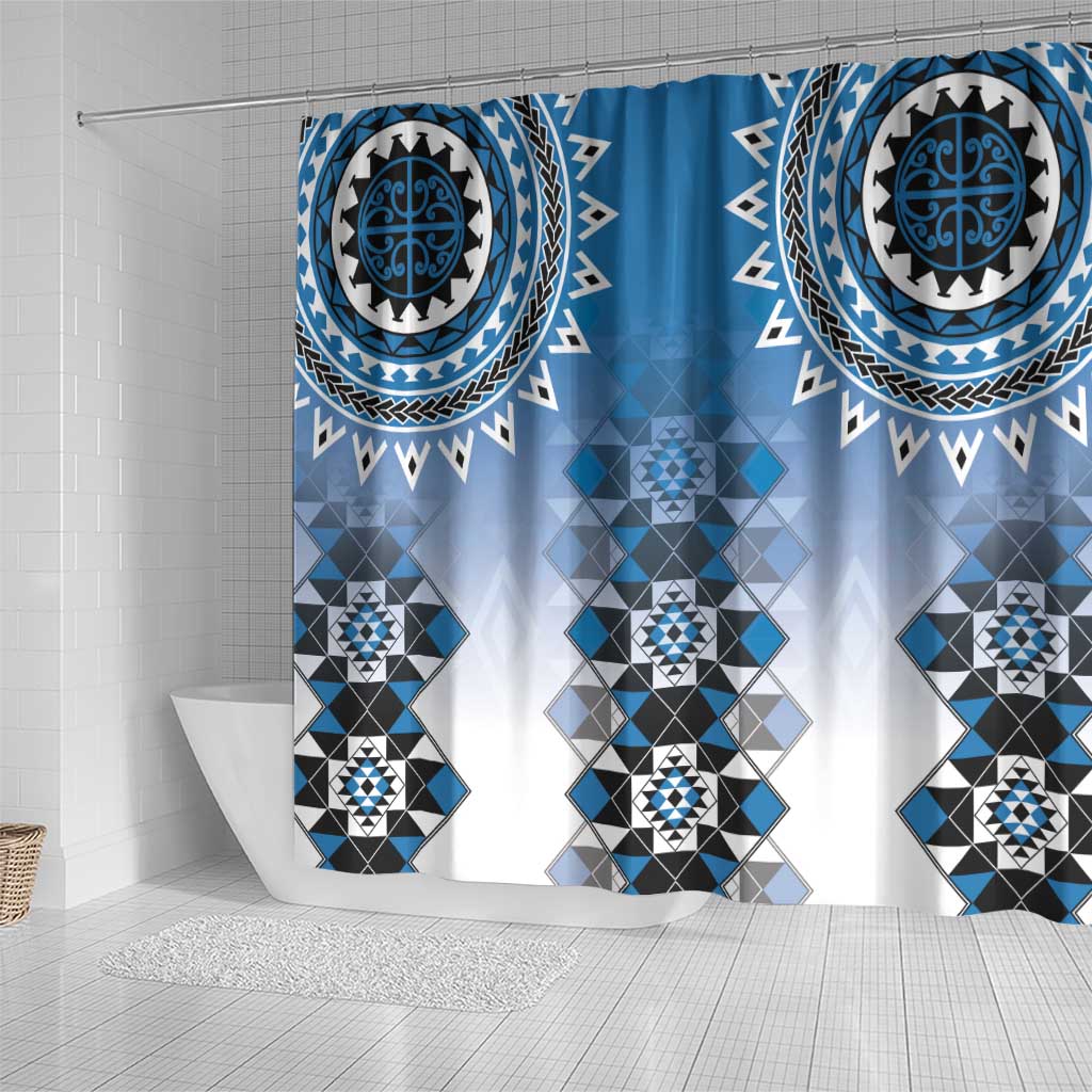 New Zealand Shower Curtain Poutama Mix Blue Taniko Inspired Art LT05