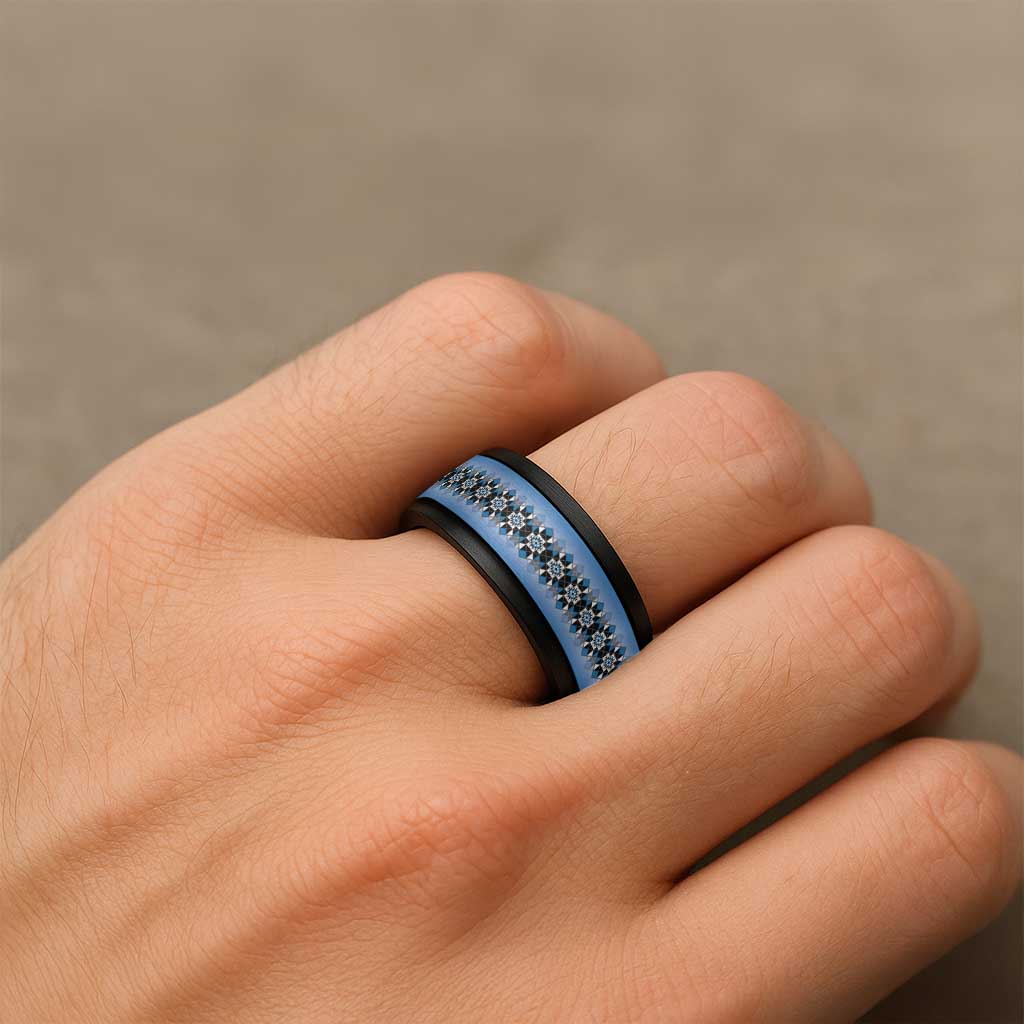 New Zealand Spinner Ring Poutama Mix Blue Taniko Inspired Art - Polynesian Pride