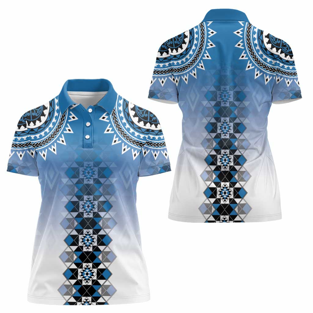 New Zealand Women Polo Shirt Poutama Mix Blue Taniko Inspired Art LT05