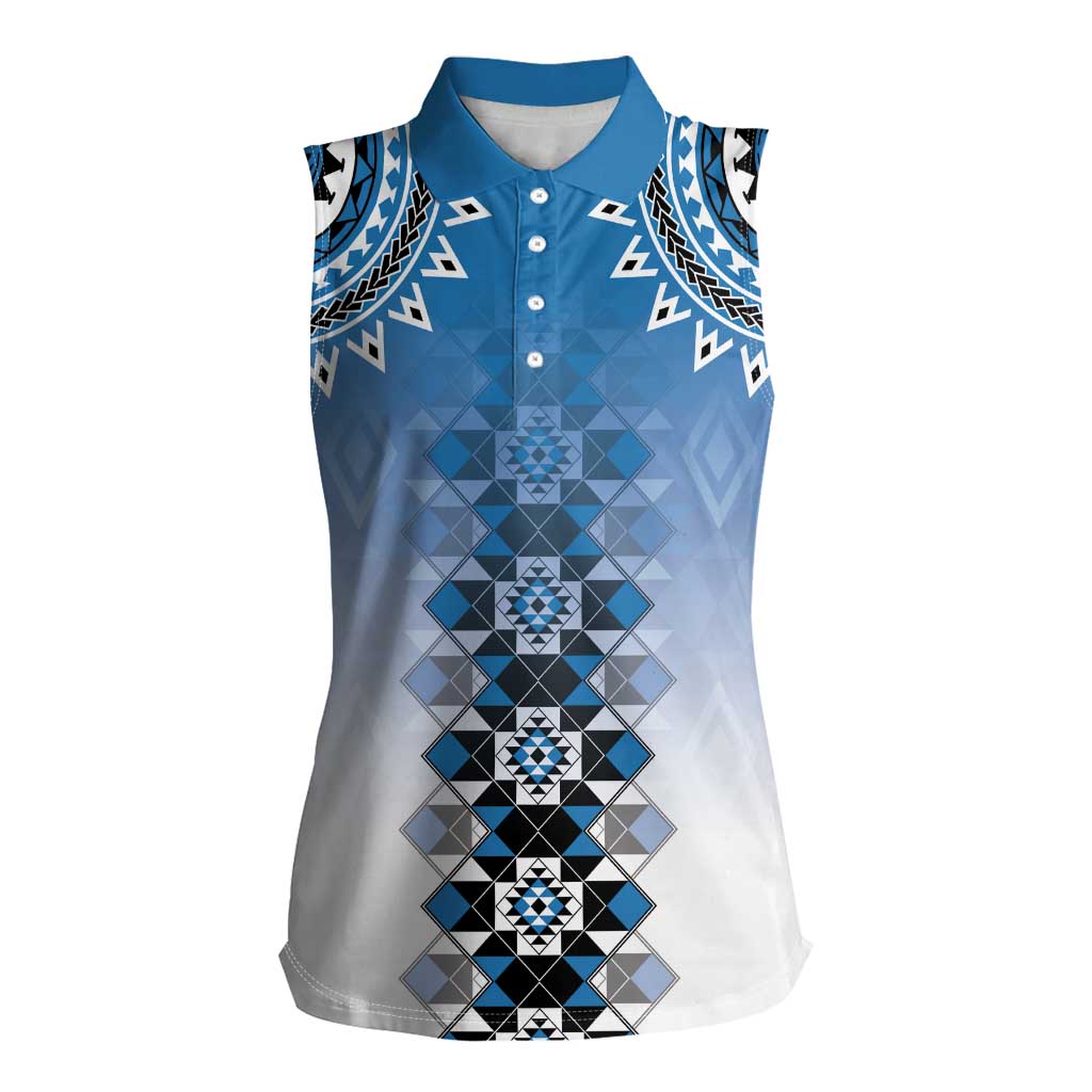 New Zealand Women Sleeveless Polo Shirt Poutama Mix Blue Taniko Inspired Art LT05 Female Blue - Polynesian Pride
