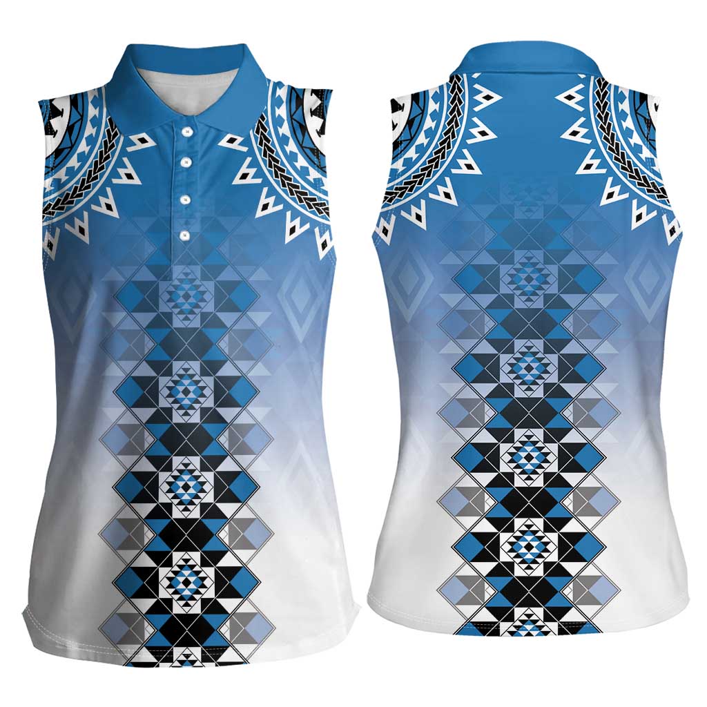 New Zealand Women Sleeveless Polo Shirt Poutama Mix Blue Taniko Inspired Art LT05 - Polynesian Pride