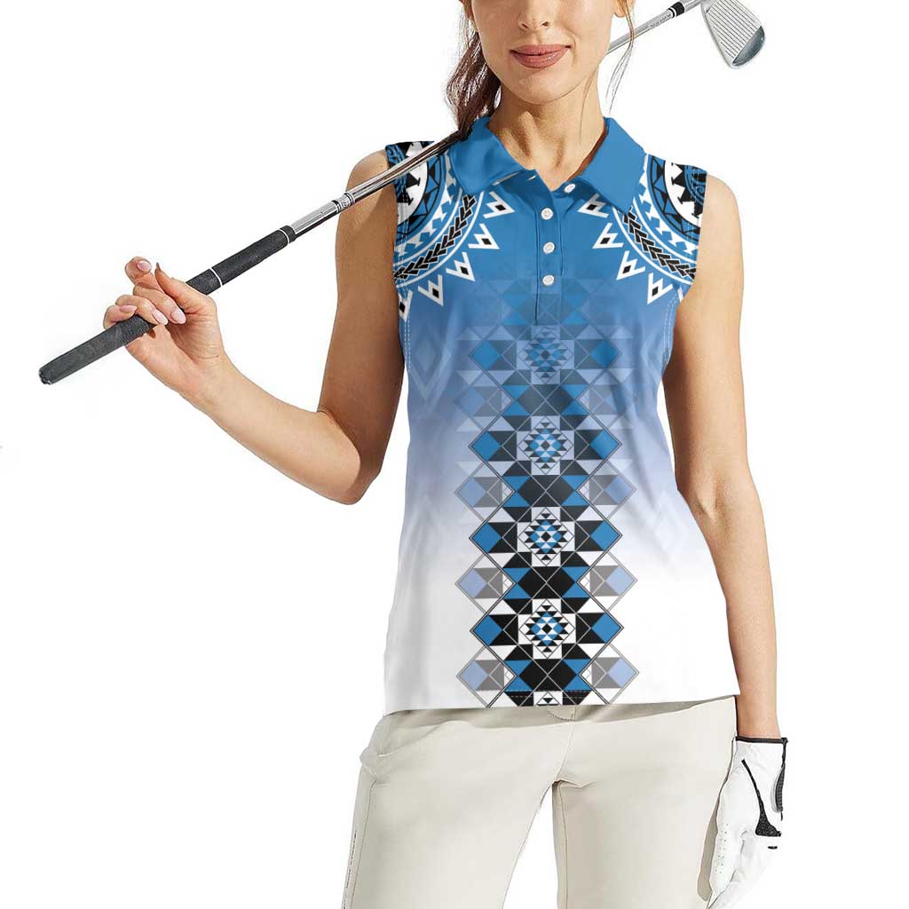 New Zealand Women Sleeveless Polo Shirt Poutama Mix Blue Taniko Inspired Art LT05 - Polynesian Pride
