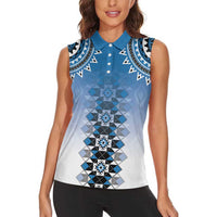 New Zealand Women Sleeveless Polo Shirt Poutama Mix Blue Taniko Inspired Art LT05 - Polynesian Pride