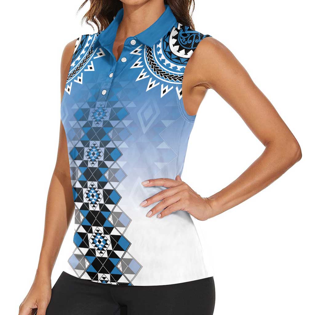 New Zealand Women Sleeveless Polo Shirt Poutama Mix Blue Taniko Inspired Art LT05 - Polynesian Pride