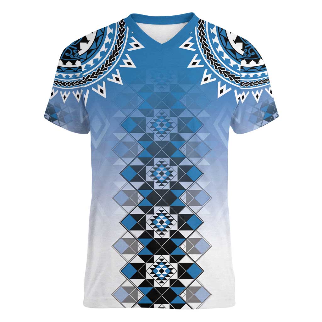 New Zealand Women V-Neck T-Shirt Poutama Mix Blue Taniko Inspired Art LT05 Female Blue - Polynesian Pride