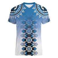 New Zealand Women V-Neck T-Shirt Poutama Mix Blue Taniko Inspired Art LT05 Female Blue - Polynesian Pride