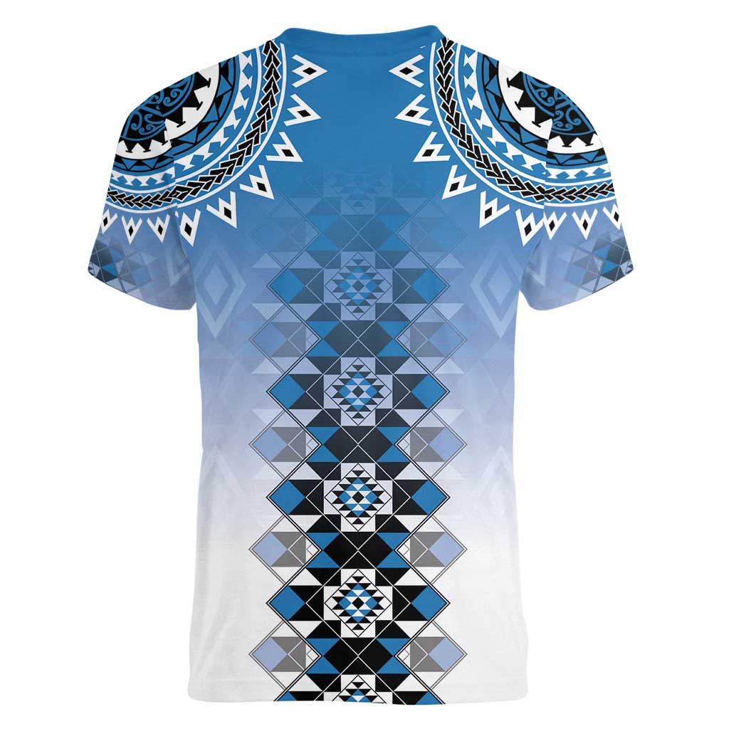 New Zealand Women V-Neck T-Shirt Poutama Mix Blue Taniko Inspired Art LT05 - Polynesian Pride