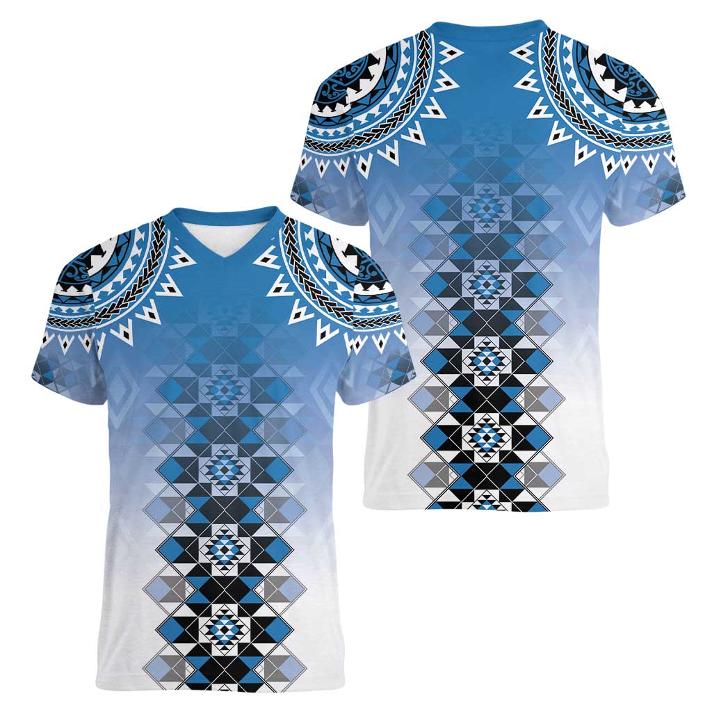 New Zealand Women V-Neck T-Shirt Poutama Mix Blue Taniko Inspired Art LT05 - Polynesian Pride