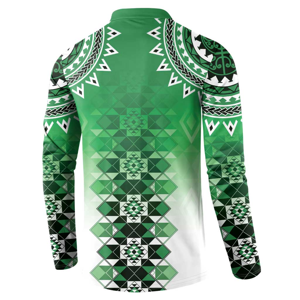New Zealand Button Sweatshirt Poutama Mix Green Taniko Inspired Art LT05