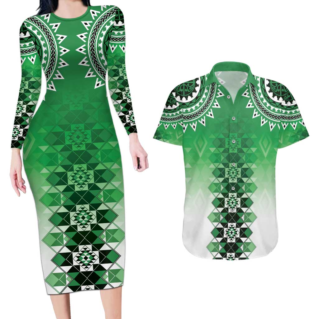 New Zealand Couples Matching Long Sleeve Bodycon Dress and Hawaiian Shirt Poutama Mix Green Taniko Inspired Art LT05