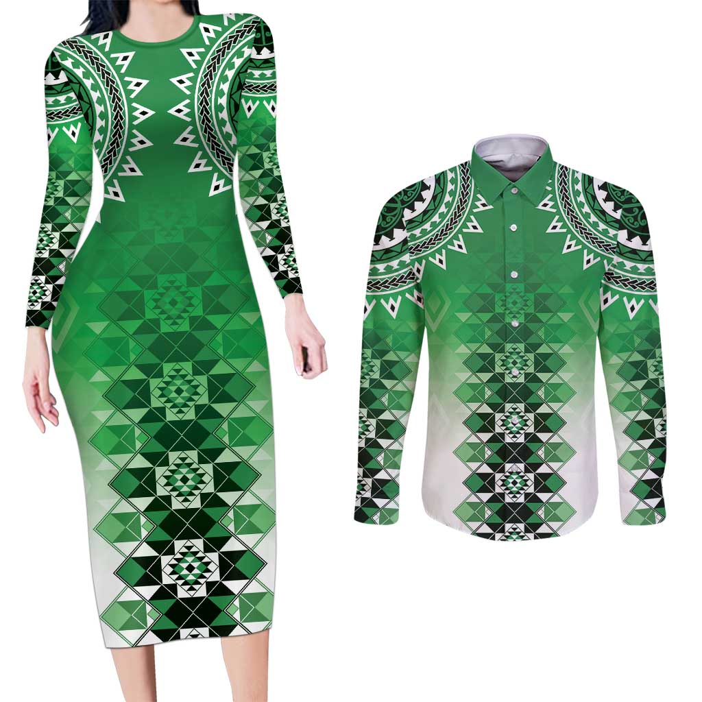 New Zealand Couples Matching Long Sleeve Bodycon Dress and Long Sleeve Button Shirt Poutama Mix Green Taniko Inspired Art LT05