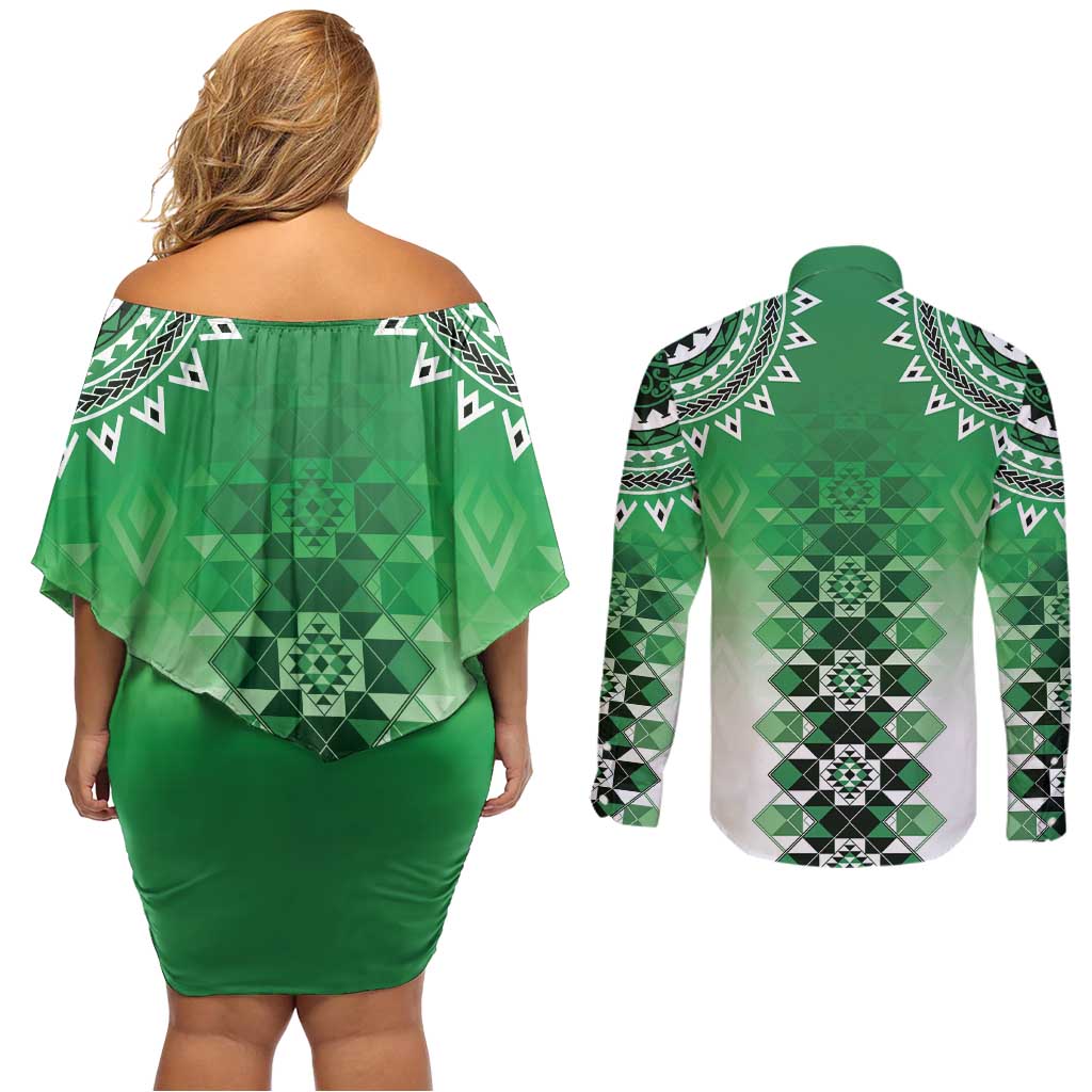 New Zealand Couples Matching Off Shoulder Short Dress and Long Sleeve Button Shirt Poutama Mix Green Taniko Inspired Art LT05
