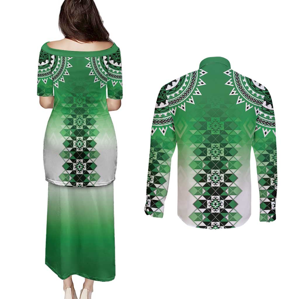 New Zealand Couples Matching Puletasi and Long Sleeve Button Shirt Poutama Mix Green Taniko Inspired Art LT05