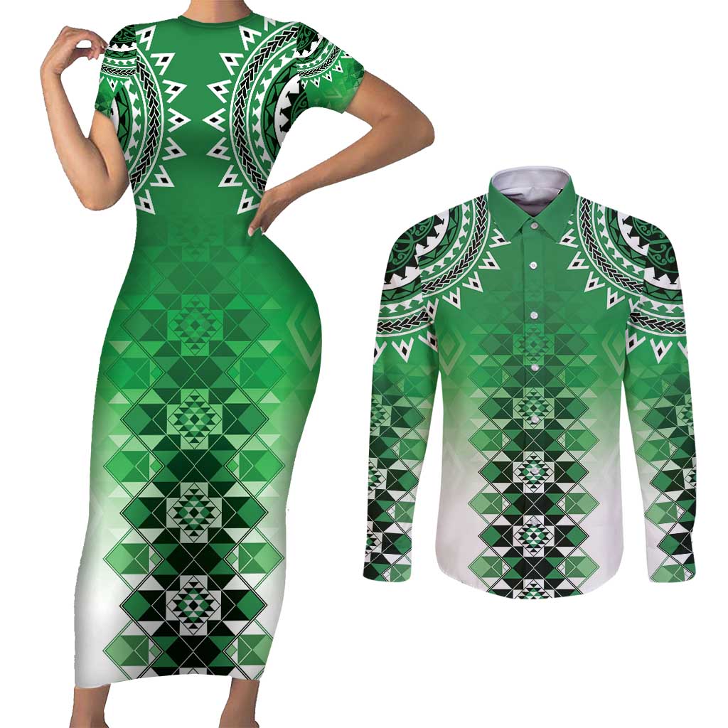 New Zealand Couples Matching Short Sleeve Bodycon Dress and Long Sleeve Button Shirt Poutama Mix Green Taniko Inspired Art LT05