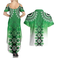 New Zealand Couples Matching Summer Maxi Dress and Hawaiian Shirt Poutama Mix Green Taniko Inspired Art LT05
