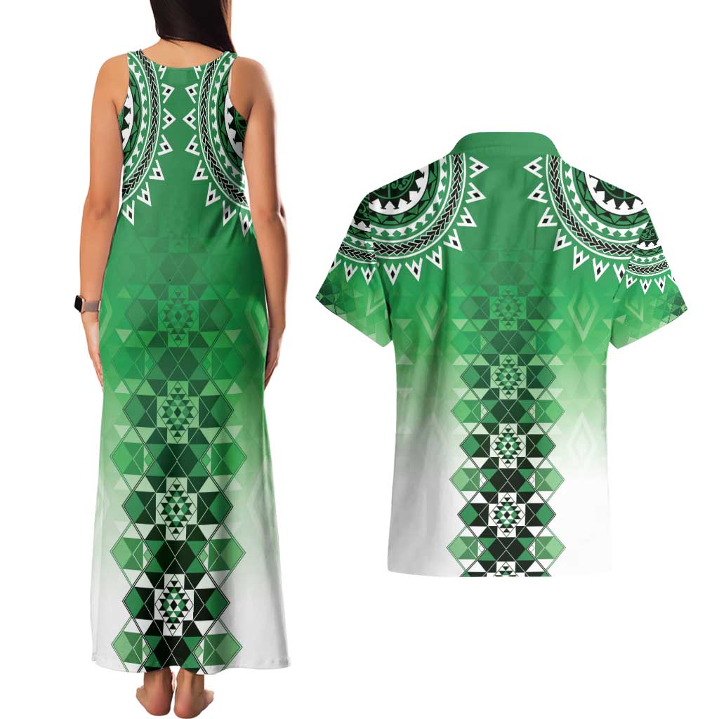 New Zealand Couples Matching Tank Maxi Dress and Hawaiian Shirt Poutama Mix Green Taniko Inspired Art LT05