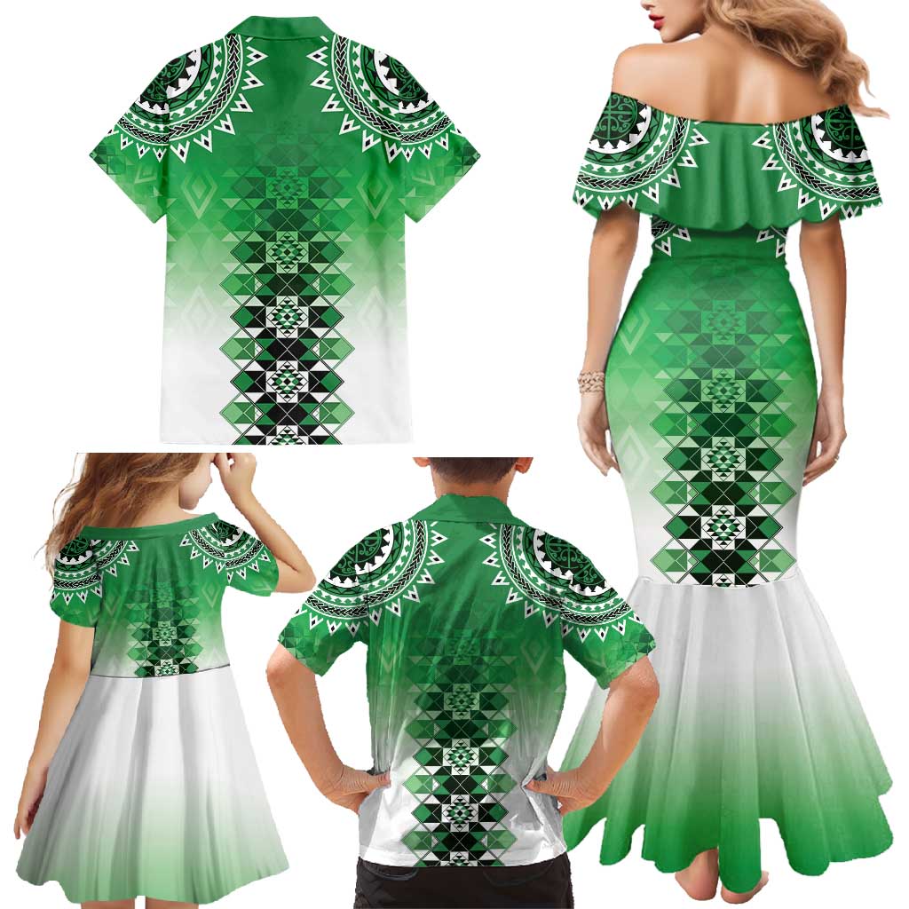 New Zealand Family Matching Mermaid Dress and Hawaiian Shirt Poutama Mix Green Taniko Inspired Art LT05