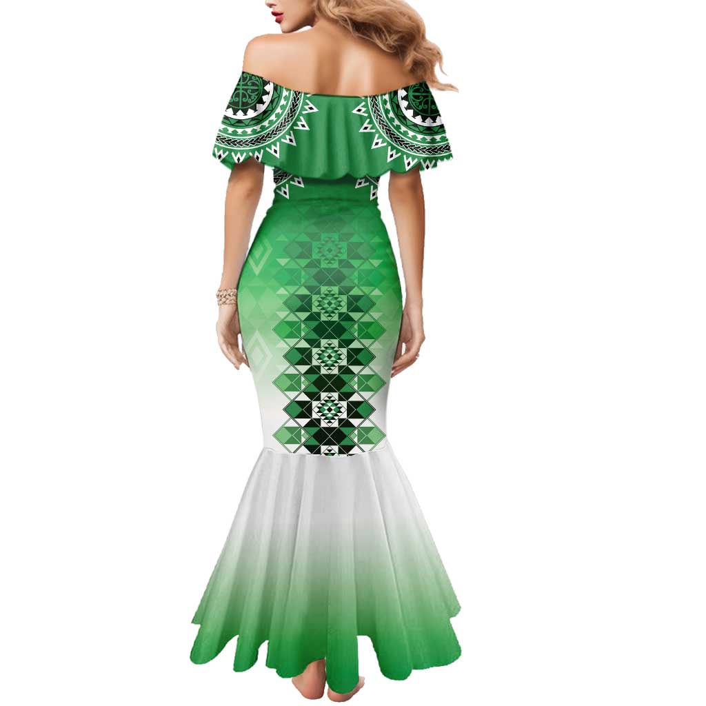 New Zealand Family Matching Mermaid Dress and Hawaiian Shirt Poutama Mix Green Taniko Inspired Art LT05