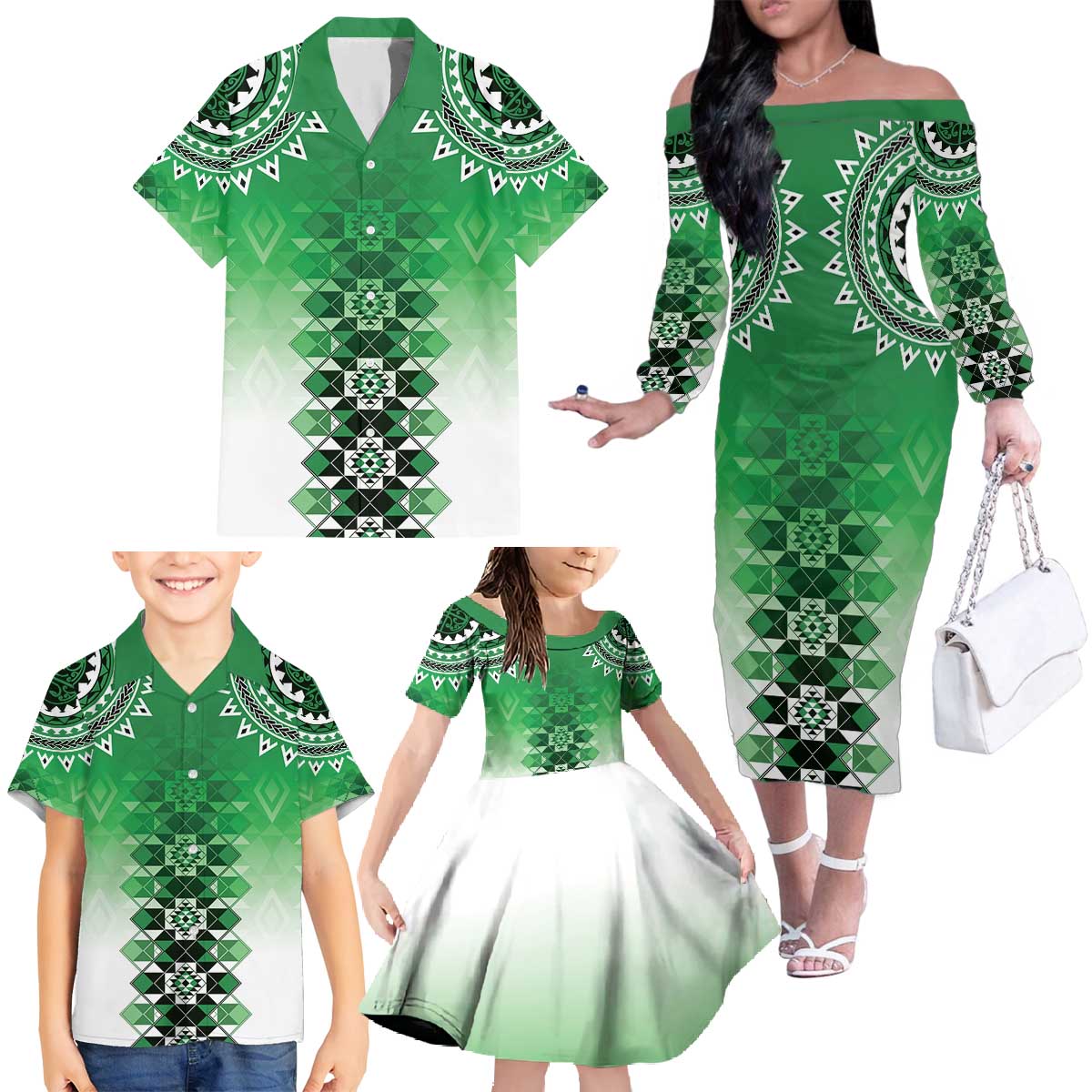 New Zealand Family Matching Off The Shoulder Long Sleeve Dress and Hawaiian Shirt Poutama Mix Green Taniko Inspired Art LT05