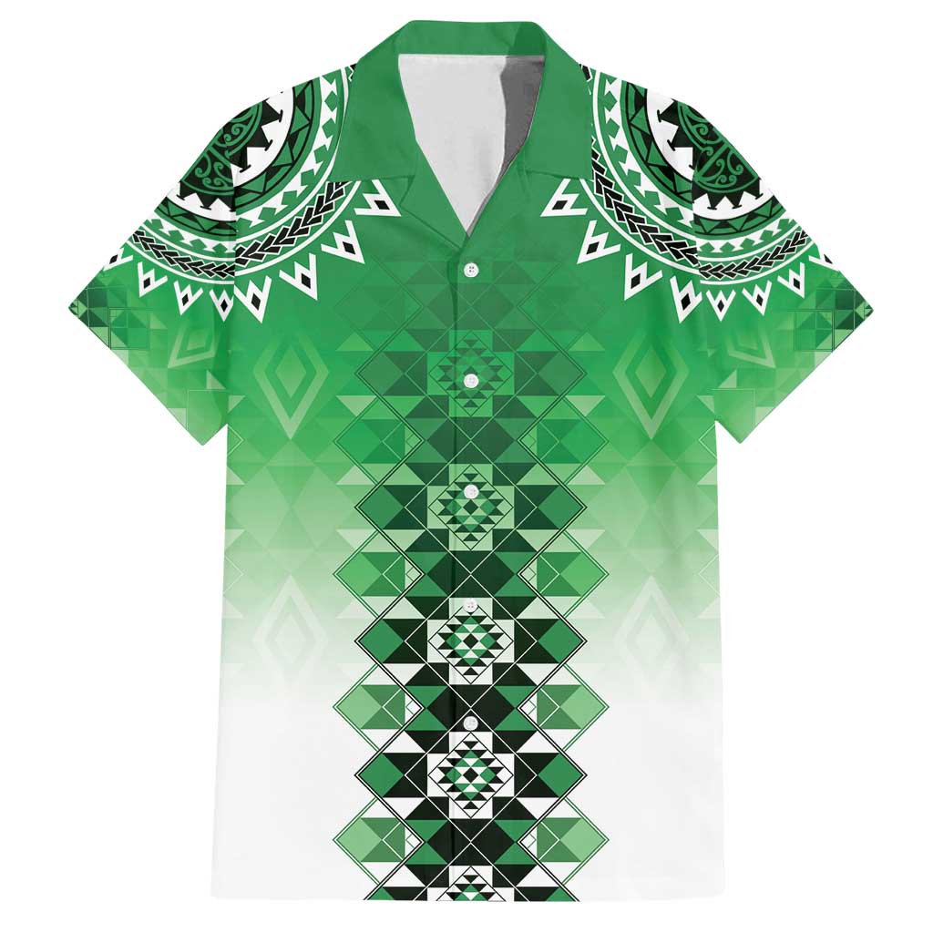 New Zealand Family Matching Off Shoulder Short Dress and Hawaiian Shirt Poutama Mix Green Taniko Inspired Art LT05