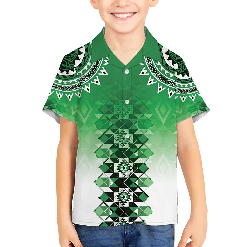New Zealand Family Matching Off Shoulder Short Dress and Hawaiian Shirt Poutama Mix Green Taniko Inspired Art LT05