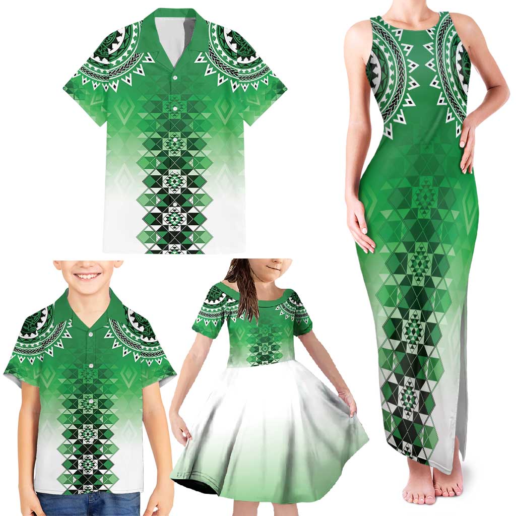New Zealand Family Matching Tank Maxi Dress and Hawaiian Shirt Poutama Mix Green Taniko Inspired Art LT05