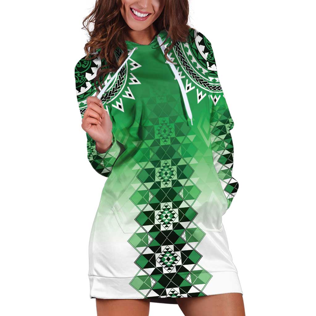 New Zealand Hoodie Dress Poutama Mix Green Taniko Inspired Art LT05