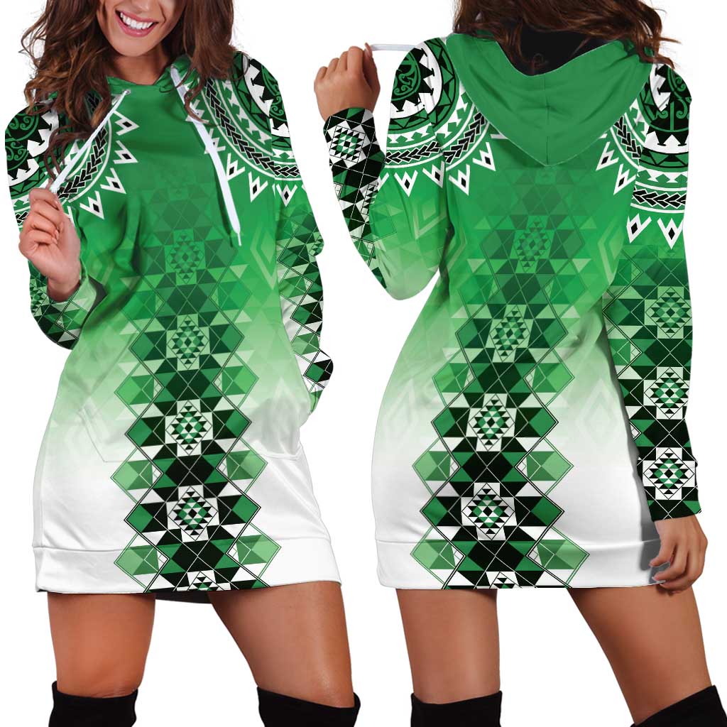 New Zealand Hoodie Dress Poutama Mix Green Taniko Inspired Art LT05