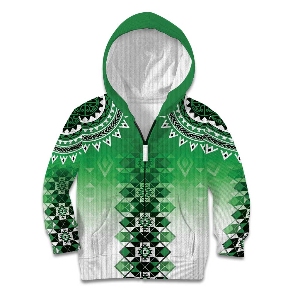 New Zealand Kid Hoodie Poutama Mix Green Taniko Inspired Art LT05