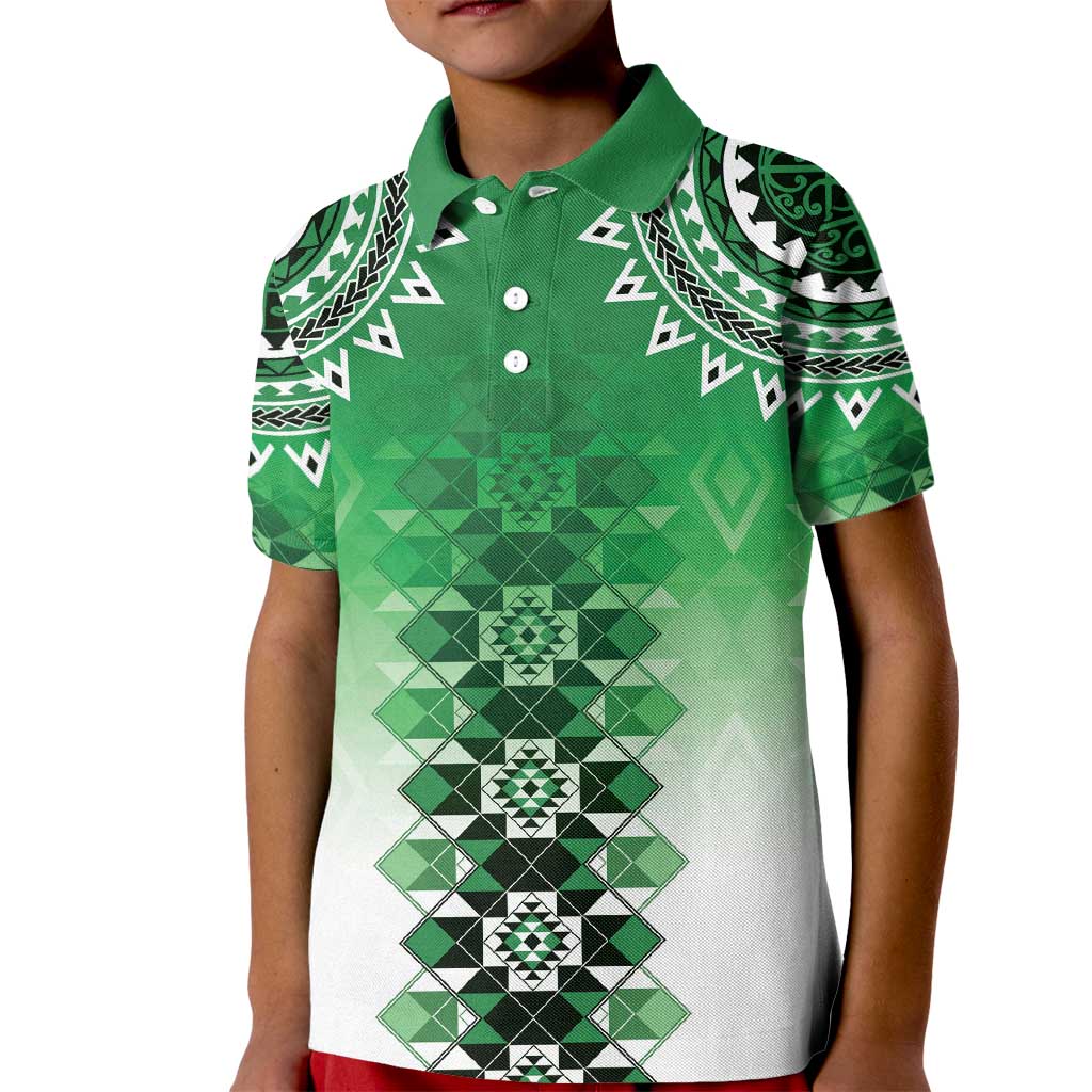 New Zealand Kid Polo Shirt Poutama Mix Green Taniko Inspired Art LT05