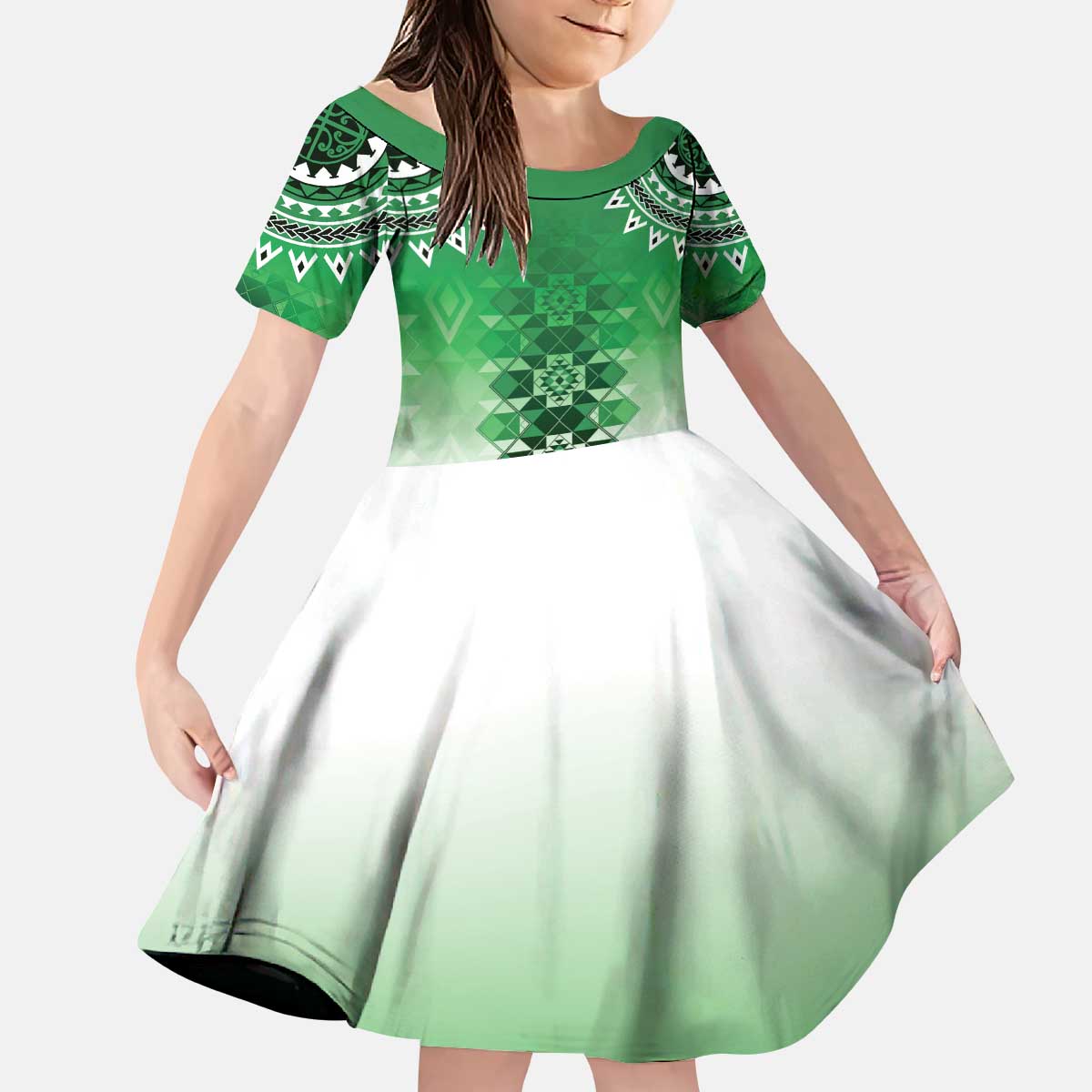 New Zealand Kid Short Sleeve Dress Poutama Mix Green Taniko Inspired Art LT05