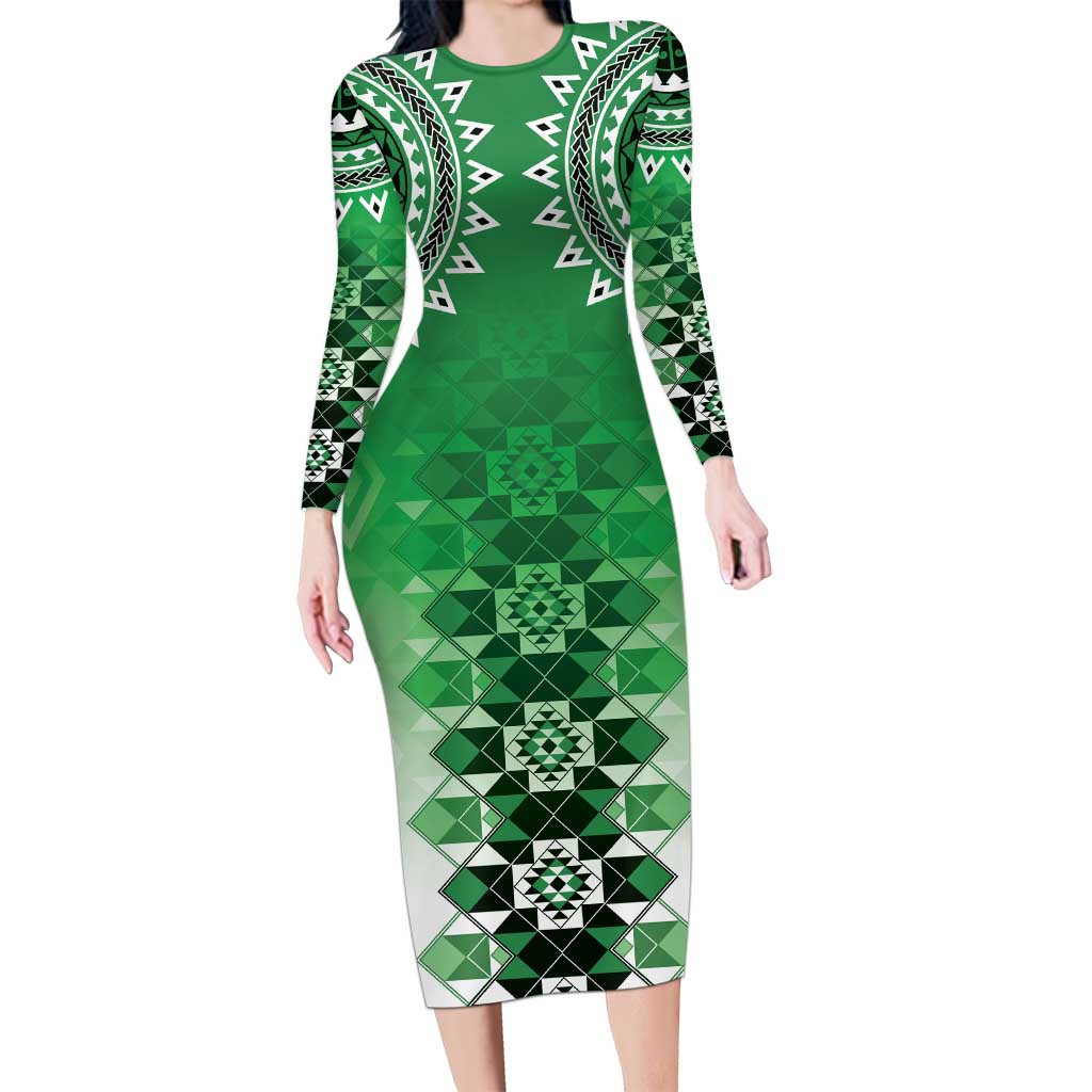 New Zealand Long Sleeve Bodycon Dress Poutama Mix Green Taniko Inspired Art LT05