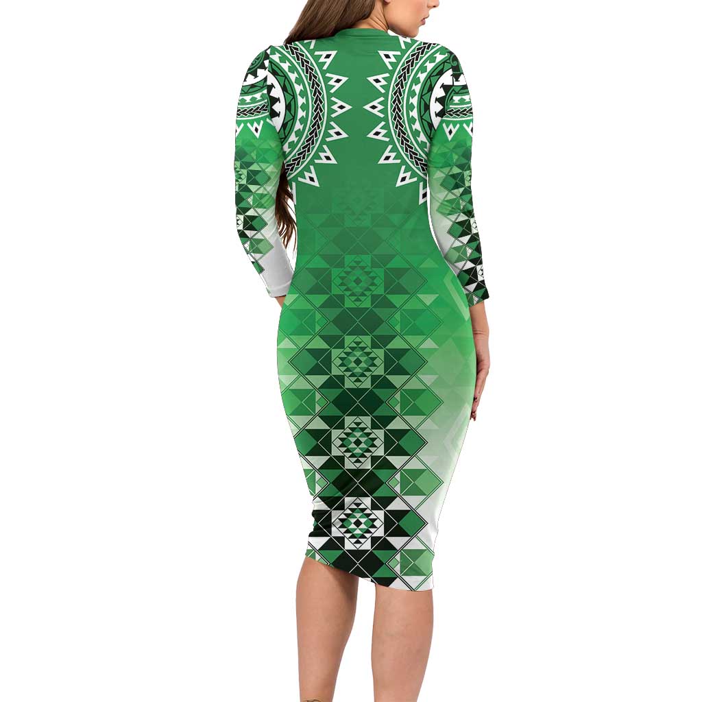 New Zealand Long Sleeve Bodycon Dress Poutama Mix Green Taniko Inspired Art LT05 - Polynesian Pride