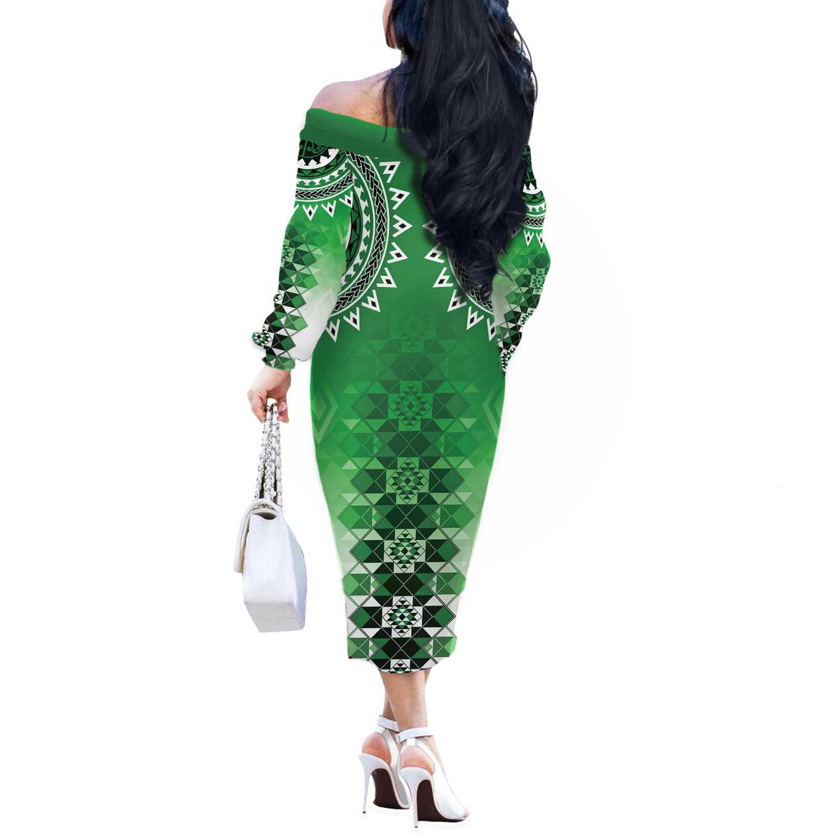New Zealand Off The Shoulder Long Sleeve Dress Poutama Mix Green Taniko Inspired Art LT05 - Polynesian Pride