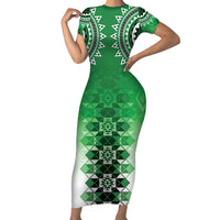 New Zealand Short Sleeve Bodycon Dress Poutama Mix Green Taniko Inspired Art LT05 Long Dress Green - Polynesian Pride